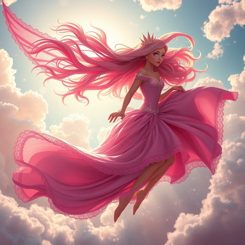 Ethereal Princess Soars Through Vibrant Sky in a Fantasy Lan...