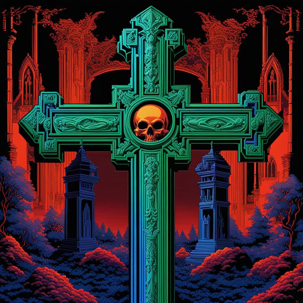 Neon 8-bit Graveyard with Upside Down Cross