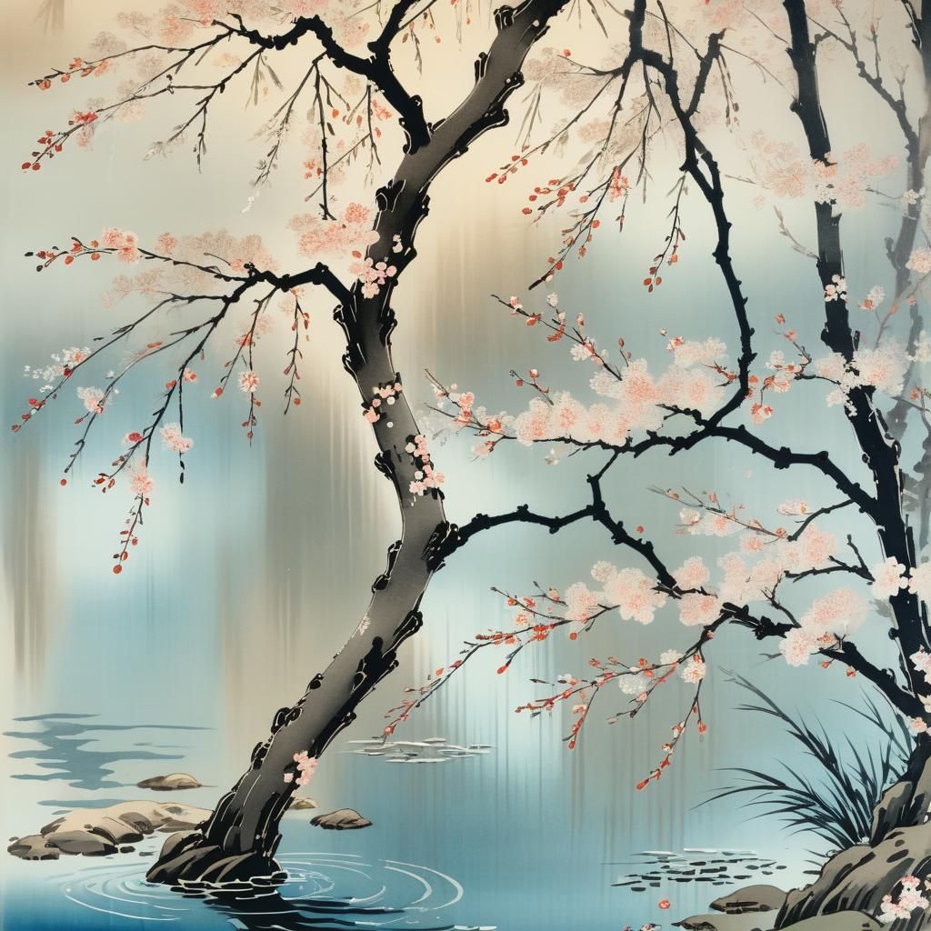 Cherry Blossoms in Ukiyo-e Japanese Woodblock Print