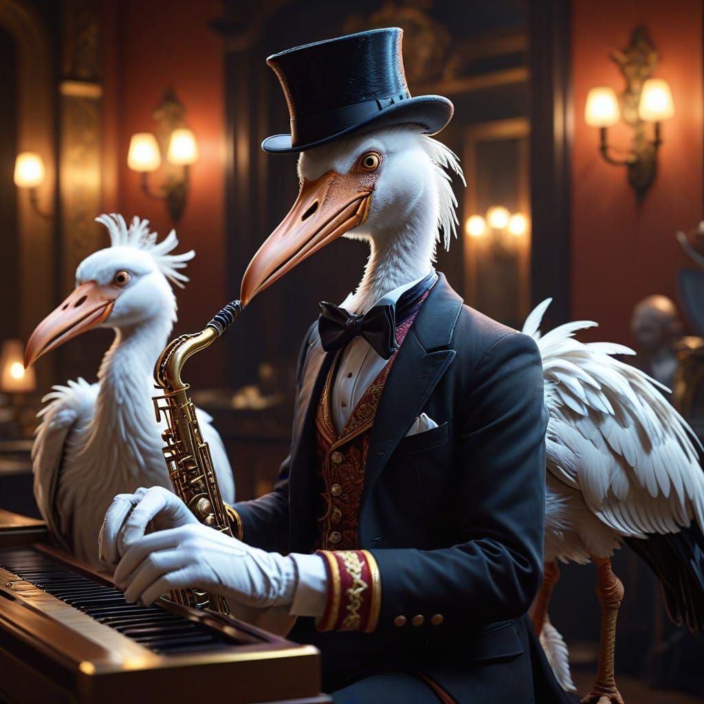 A 3d rendered Pixar style image of a Stork Ragtime band in a speakeasy. The stork with a top hat is playing the piano. A...