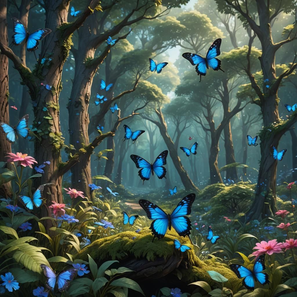 Blue Butterfly in Forest: Detailed Matte Painting