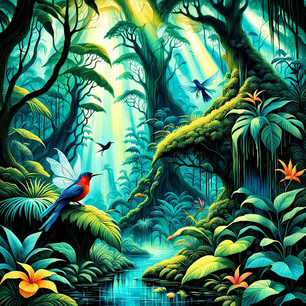 Enchanted Rainforest Scene with Fairy in Art Deco Style