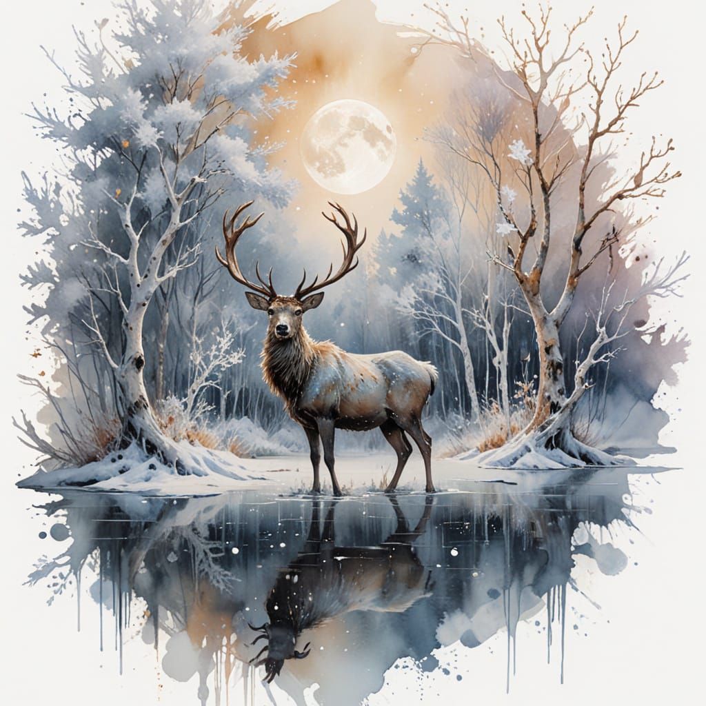 Moonlit Frozen Lake with Stag in Winter Landscape