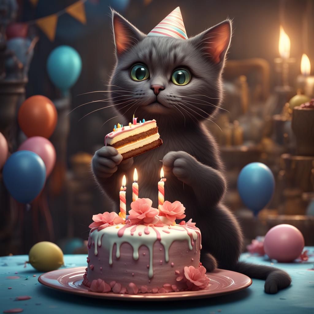 Cute Cat Celebrates Birthday as Detailed Concept Art