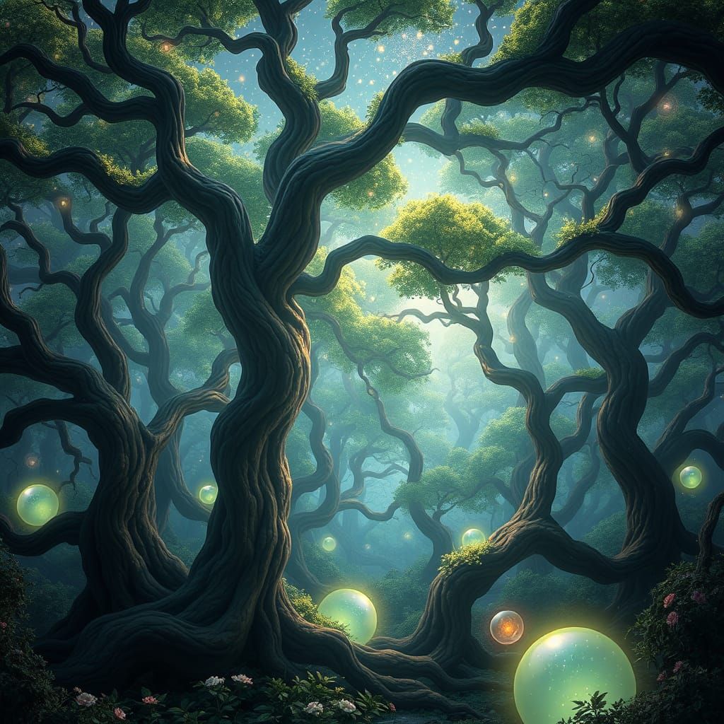 Surreal Oak Forest with Glowing Orbs and Celestial Light