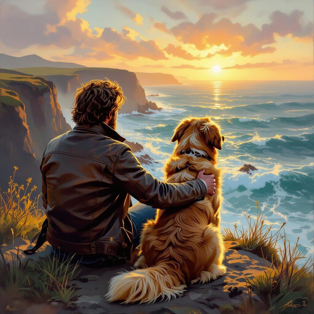 Dog and Owner on Sunlit Cliffs Overlooking Ocean