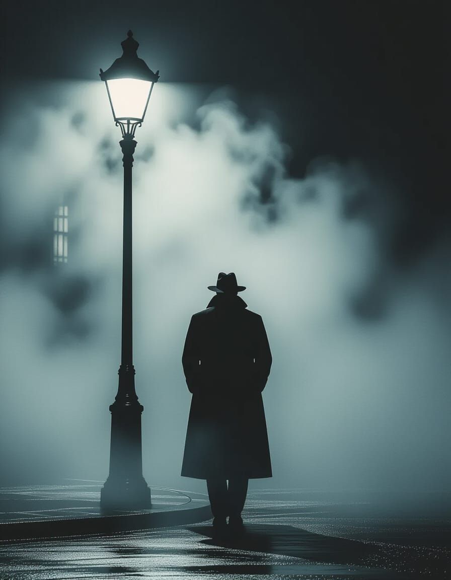 Noir Figure in Mist Under Street Lamp