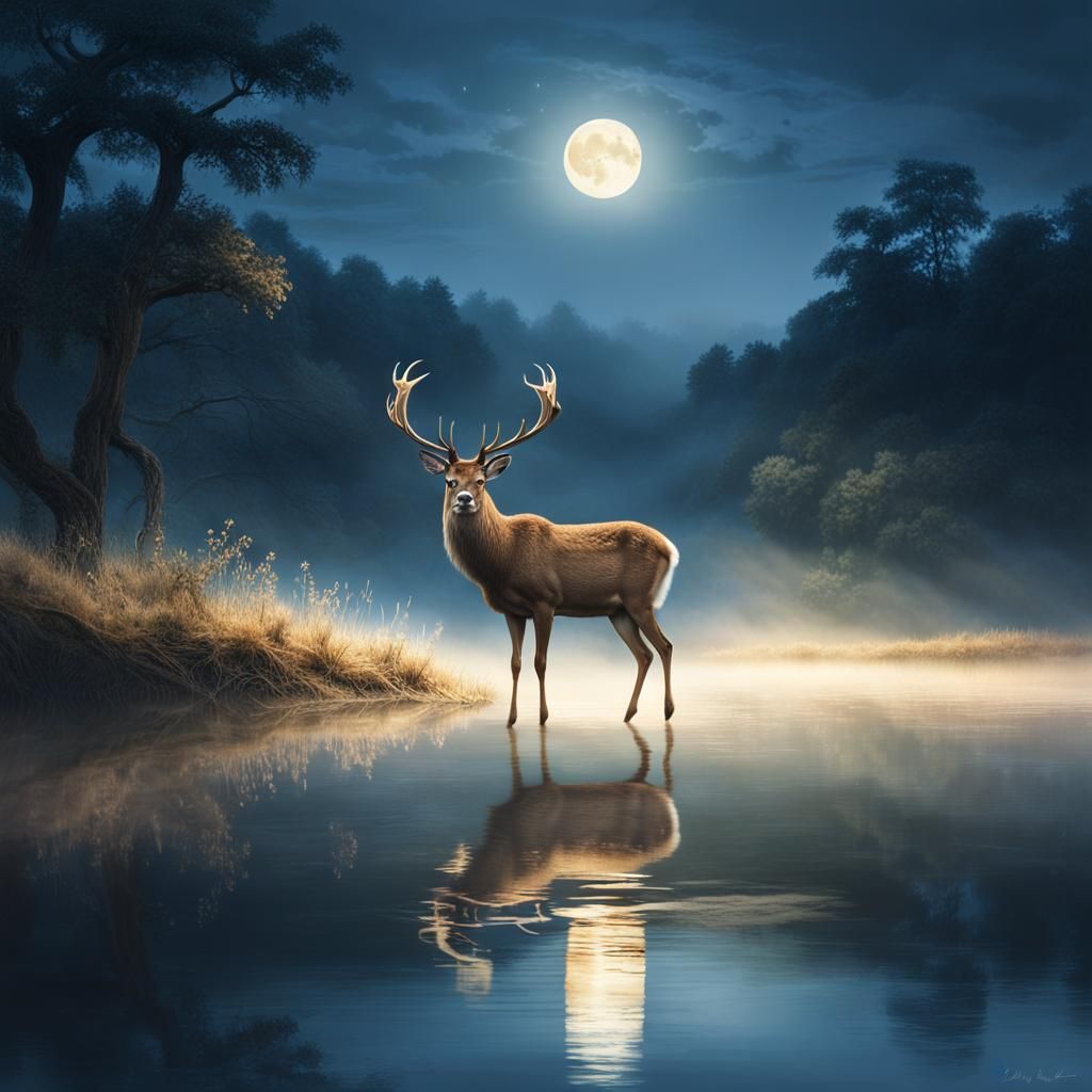 Majestic Deer in Moonlight with Lightning