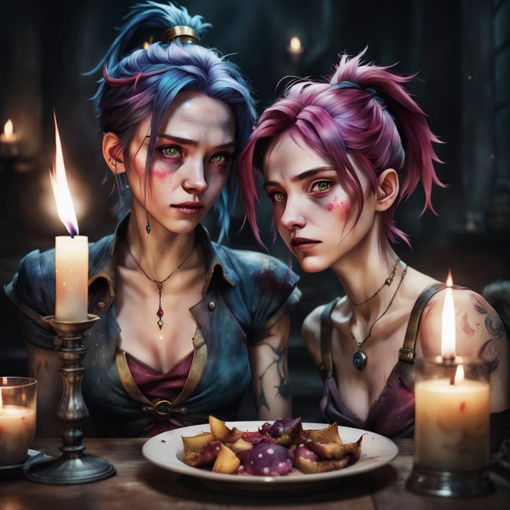 Vi and Jinx at a candlelit dinner