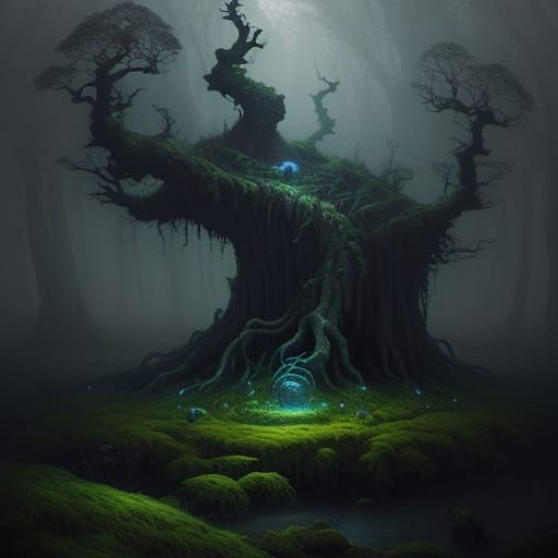 Mysterious Glowing Stone in Ancient Forest