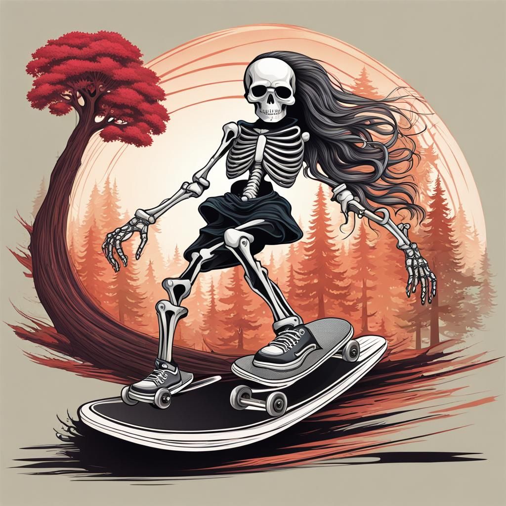 Gothic Punk Skeleton Princess on Skateboard