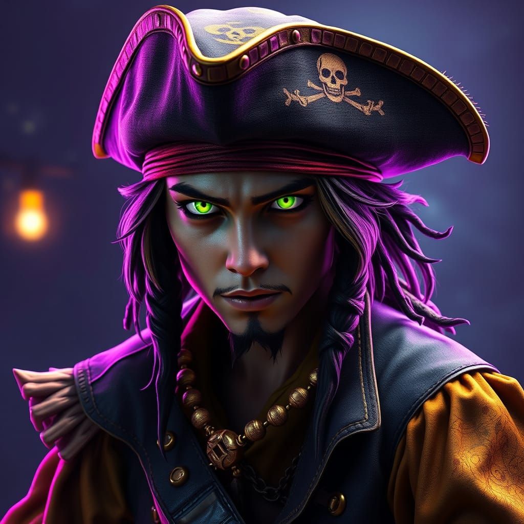Young Pirate with Glowing Eyes in Fantasy Setting