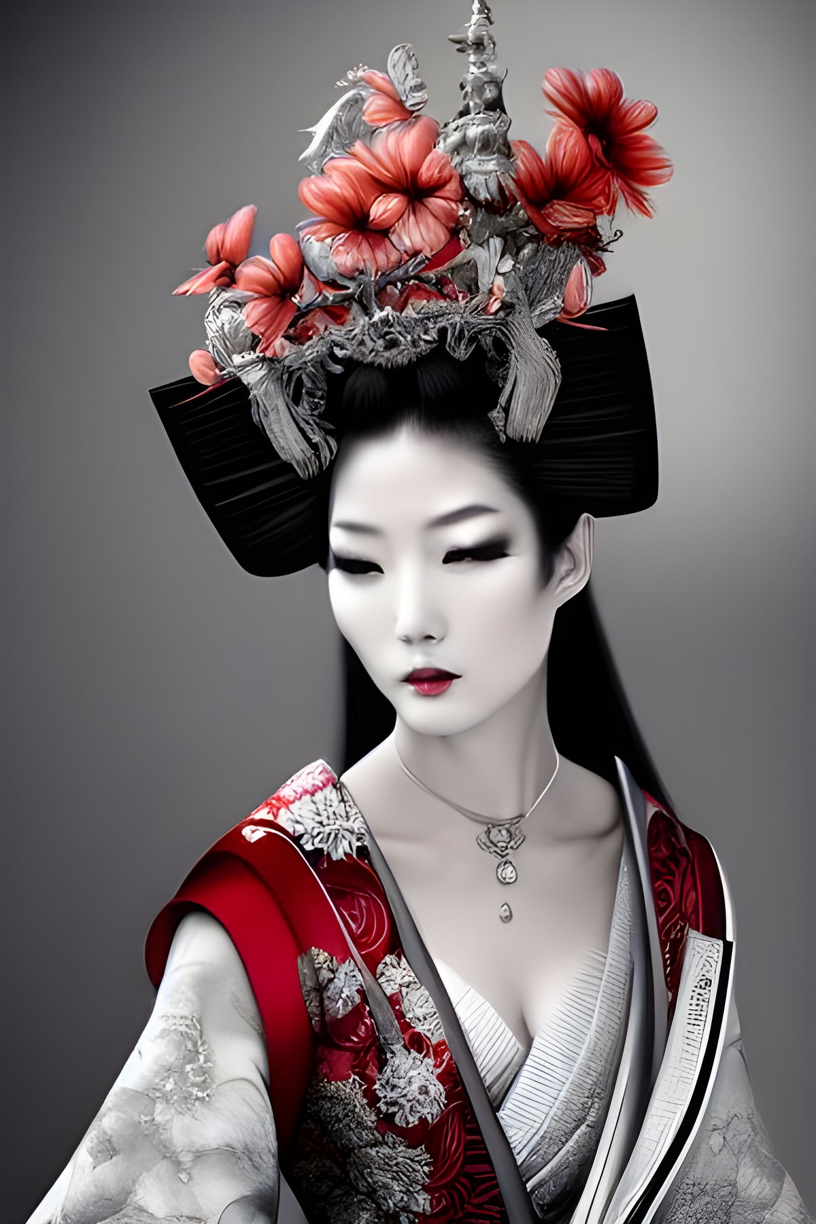 Geisha in Silver Gown, Detailed Ornate Art