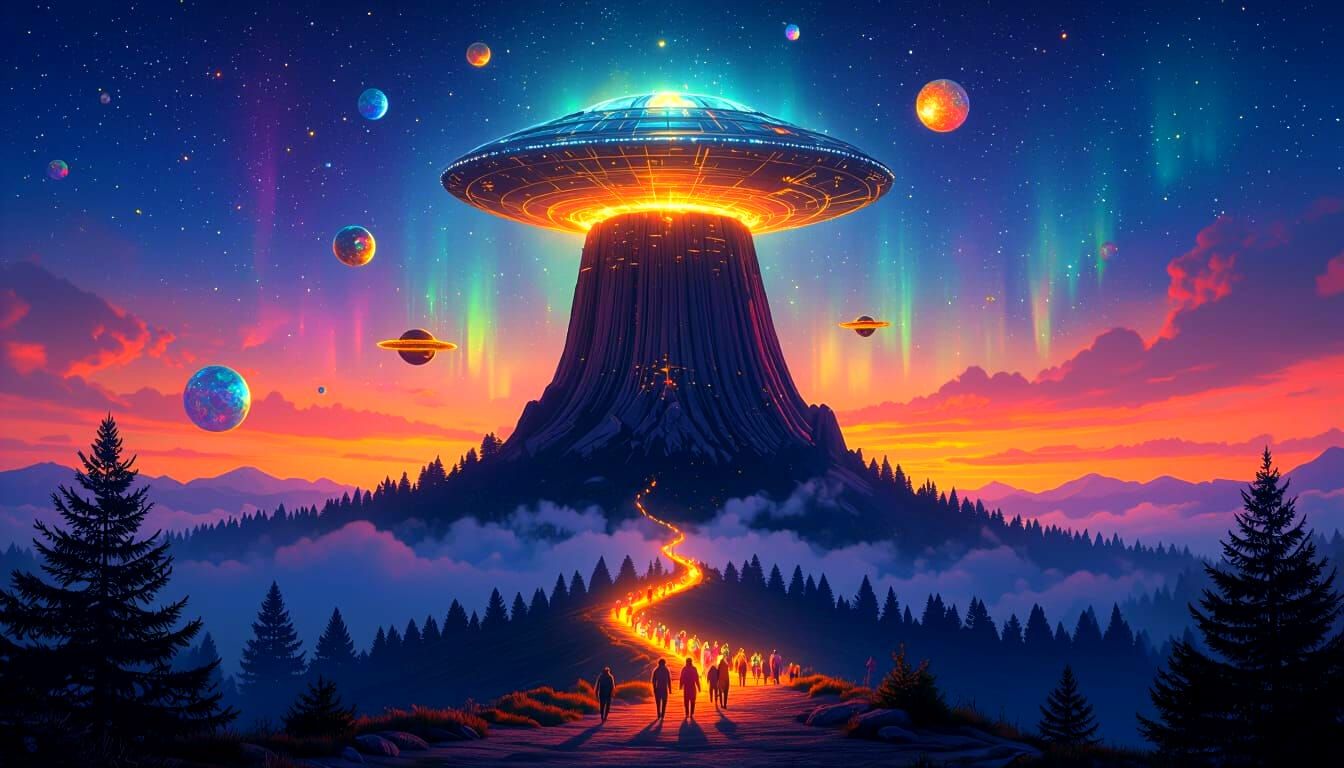 Surreal Devil's Tower with Rainbow Spaceship