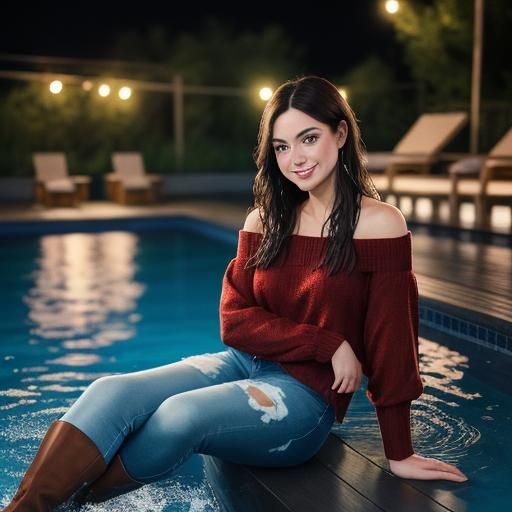 Brunette at Night in Pool with Red Sweater