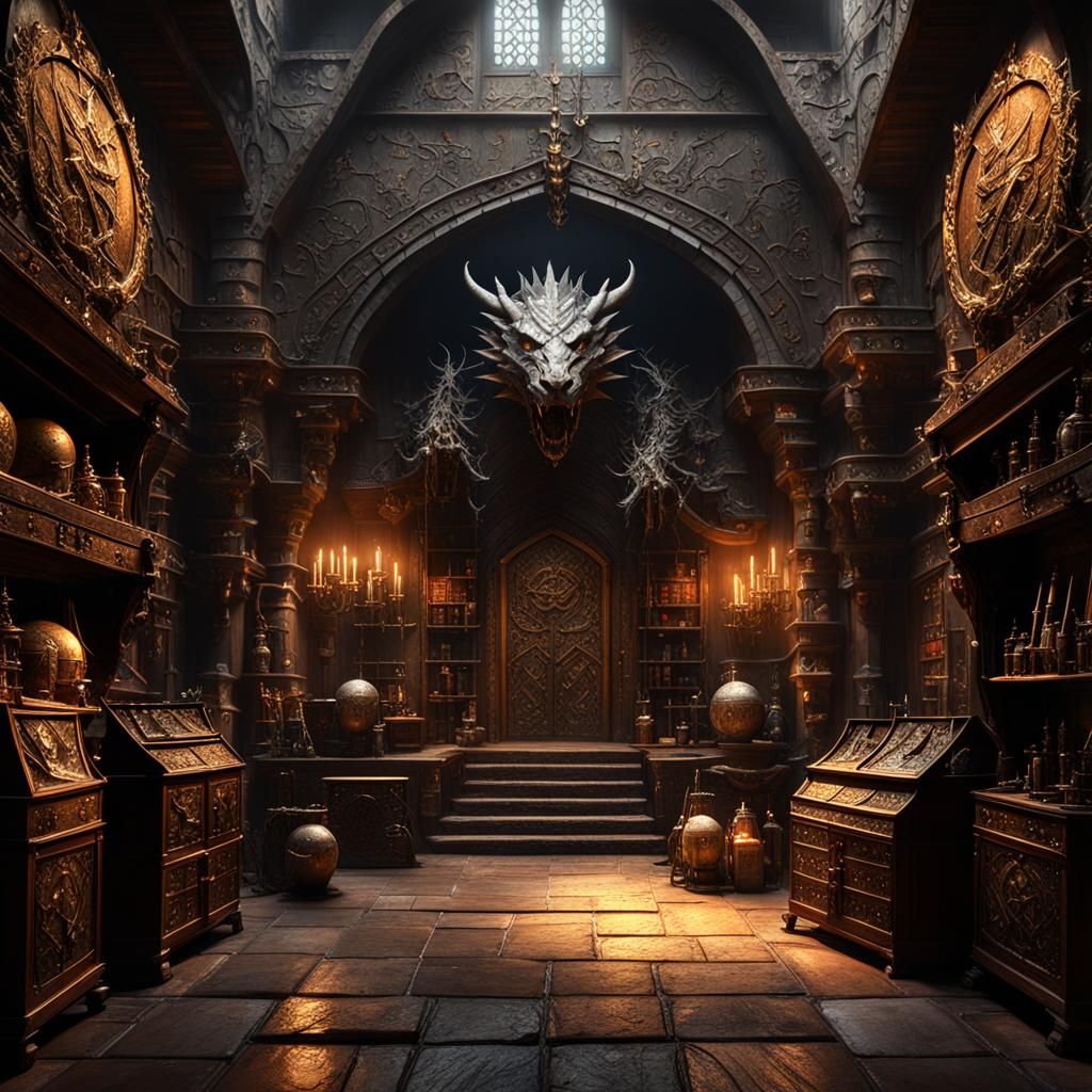 Epic Medieval Lair with Dragon Head, Digital Art