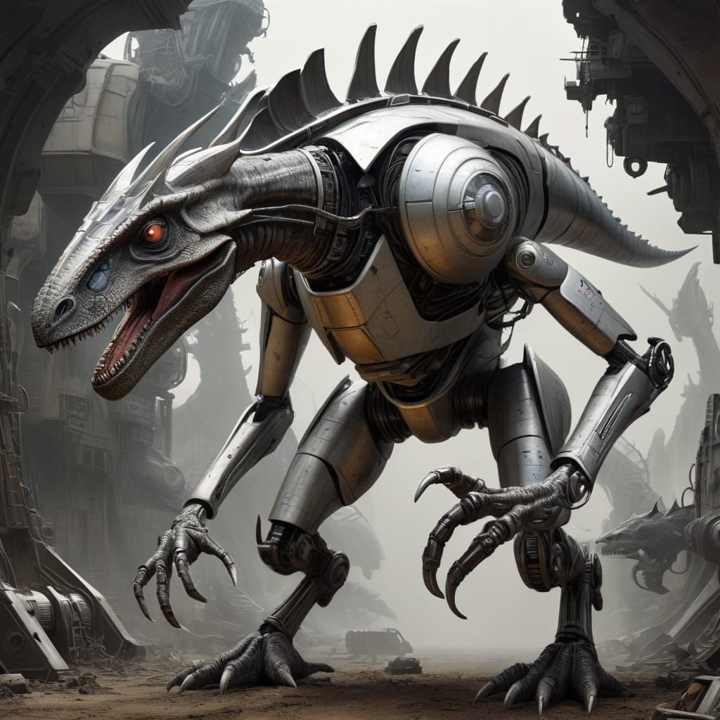 Cybernetic Dinosaur Emerges from the Shadows in a Glimmering...