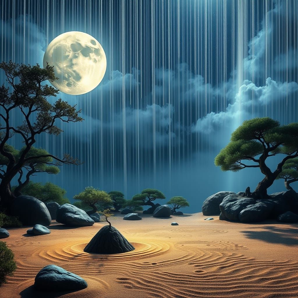 Zen Garden Beneath Moonbow with Art Nouveau Fractals