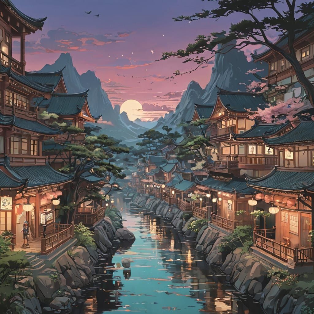 Breathtaking Anime Townscape in Pastel Hues