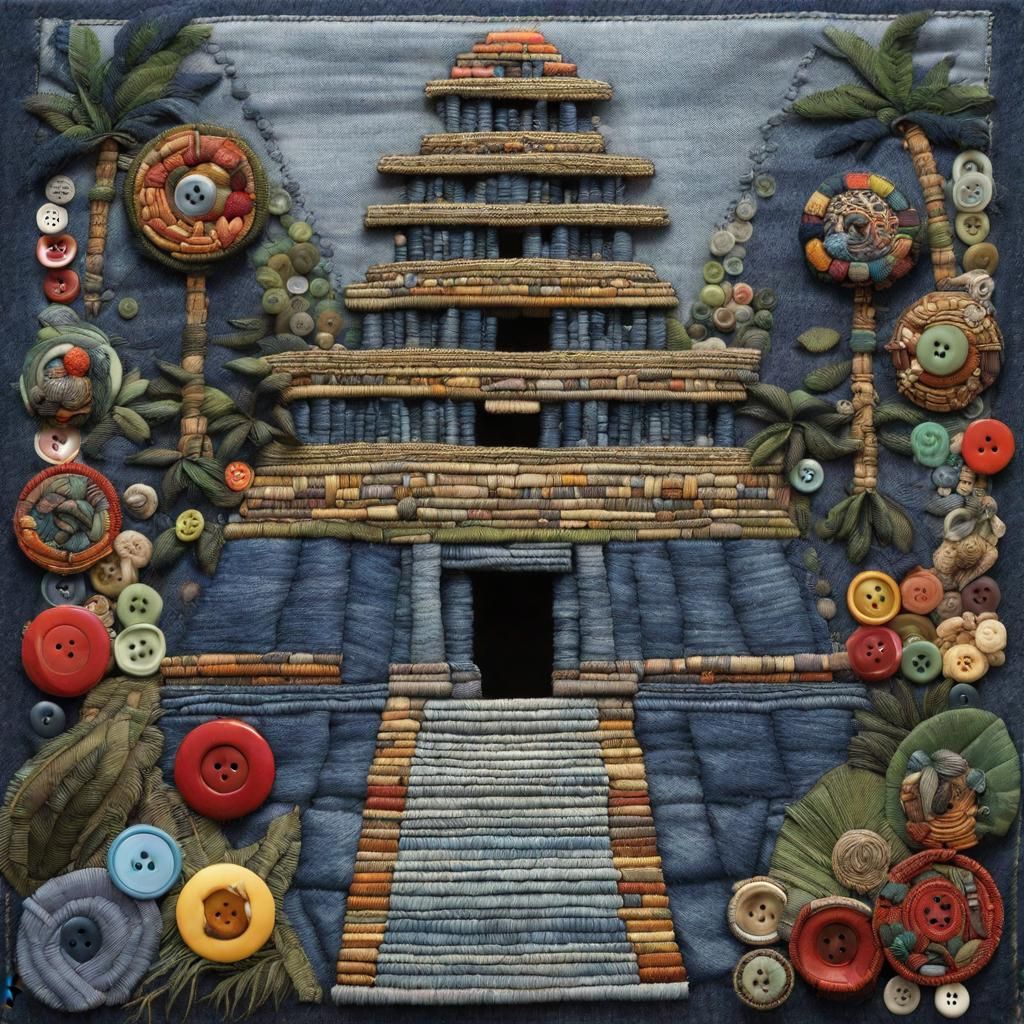 Mayan Temple in Jungle Fabric Art