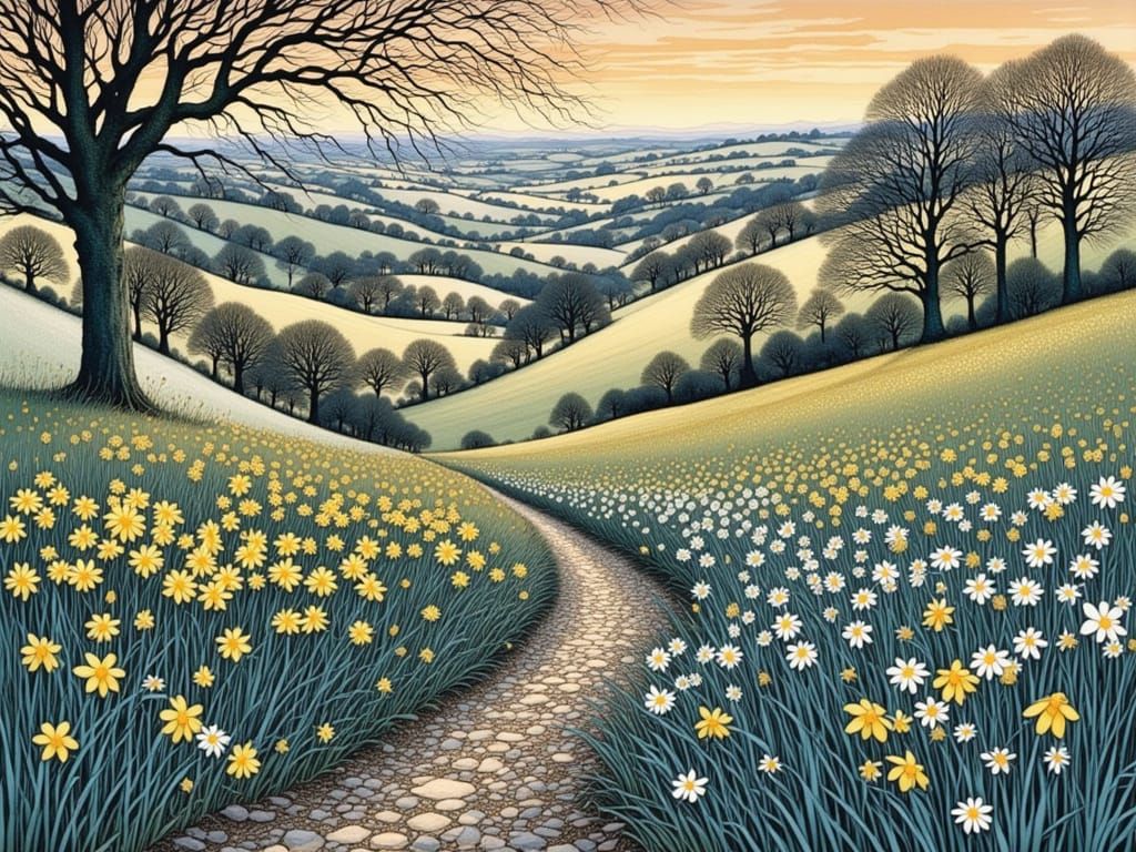 Ethereal Daffodil Landscape in Whispers of an Enchanted Vall...