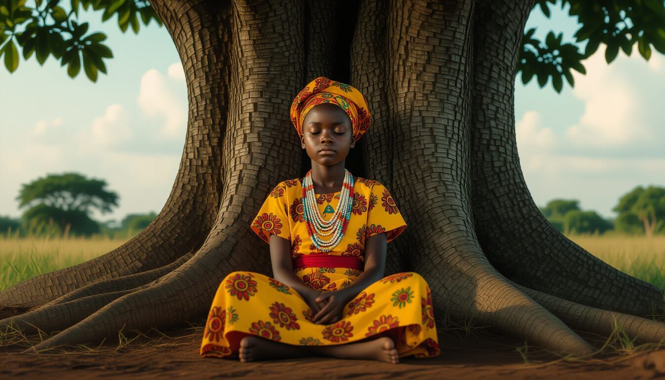 Nigerian Girl Under Iroko Tree: Hyperrealistic Portrait
