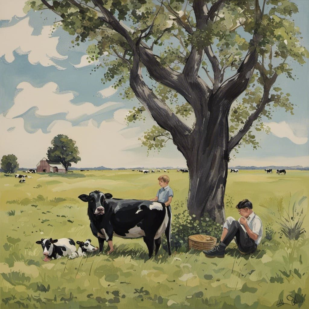 Cows, Dog, and Boy in Prairie Landscape