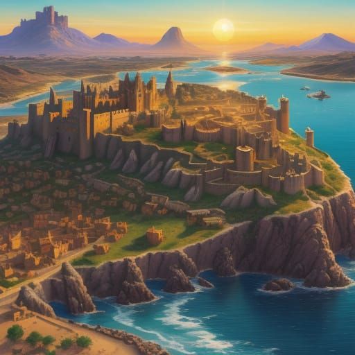 Fantasy Landscape with Medieval Village in Oil Painting