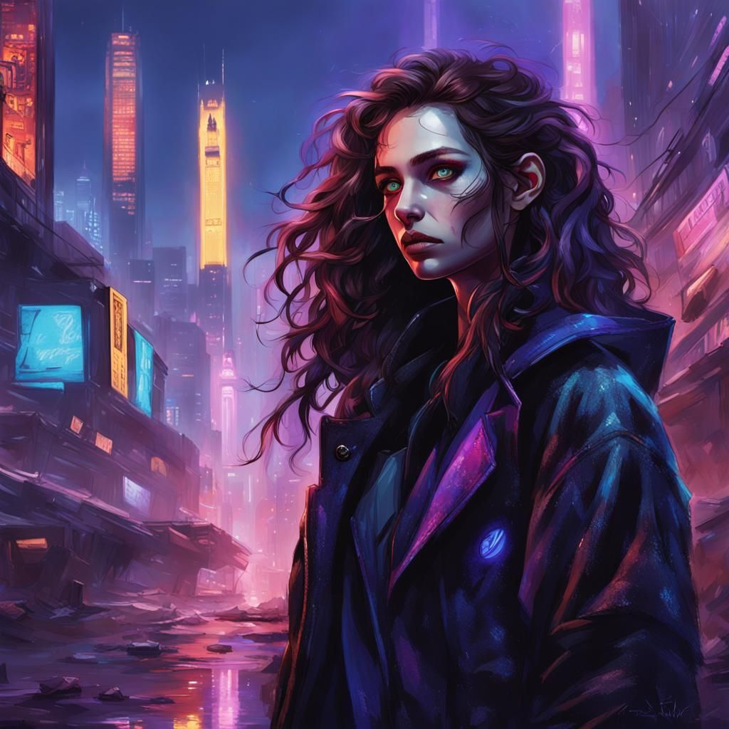 Cyberpunk Girl on Futuristic City Street