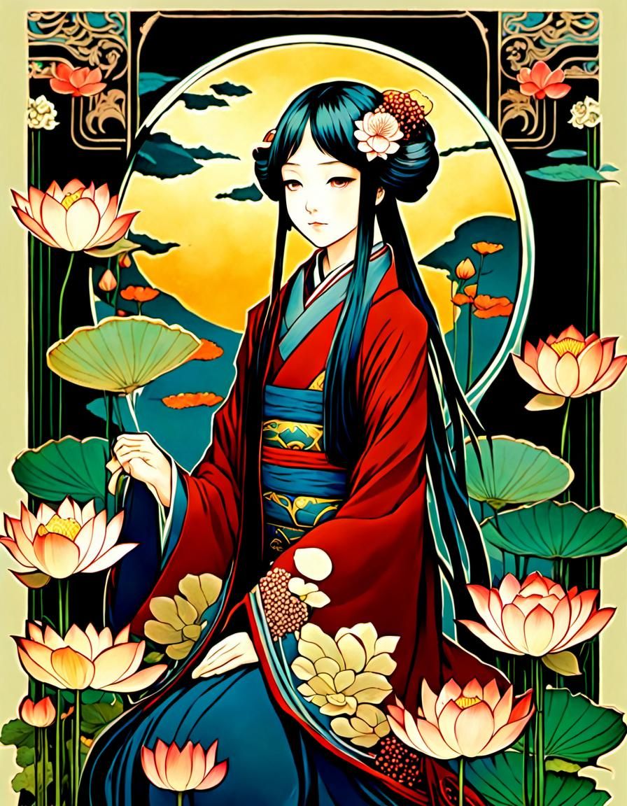 Lotus Flowers in Manga and Art Nouveau Style