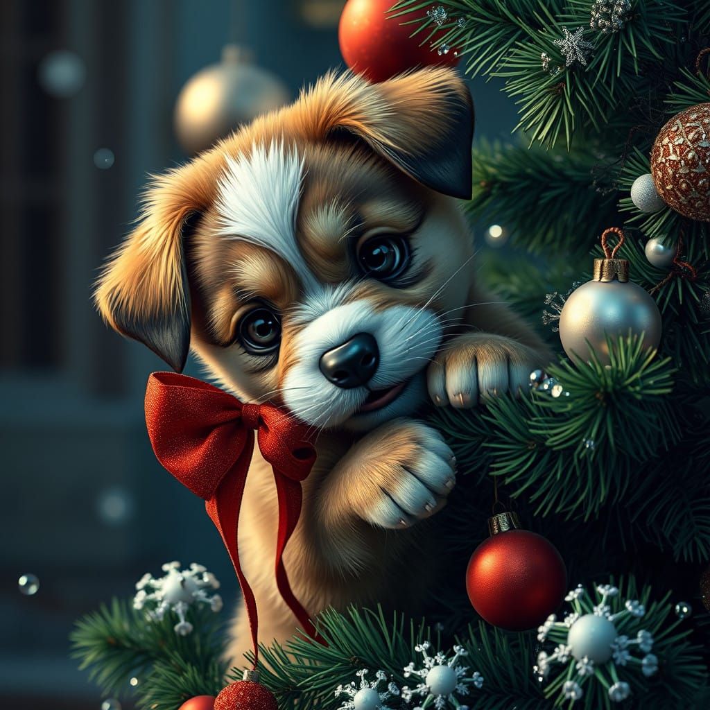 Cute Puppy Chews on Christmas Tree Bow in Vibrant Fantasy Sc...