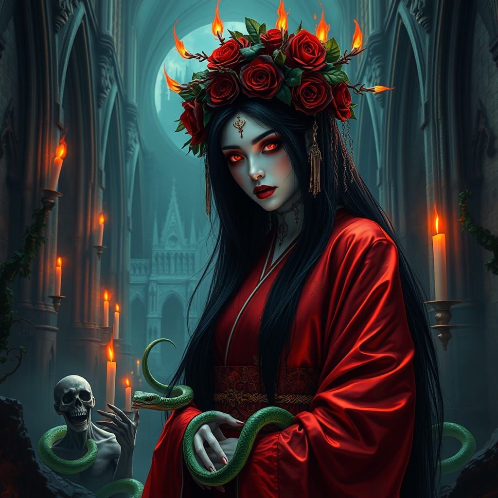 Vampire Geisha in Gothic Ruins: Digital Painting