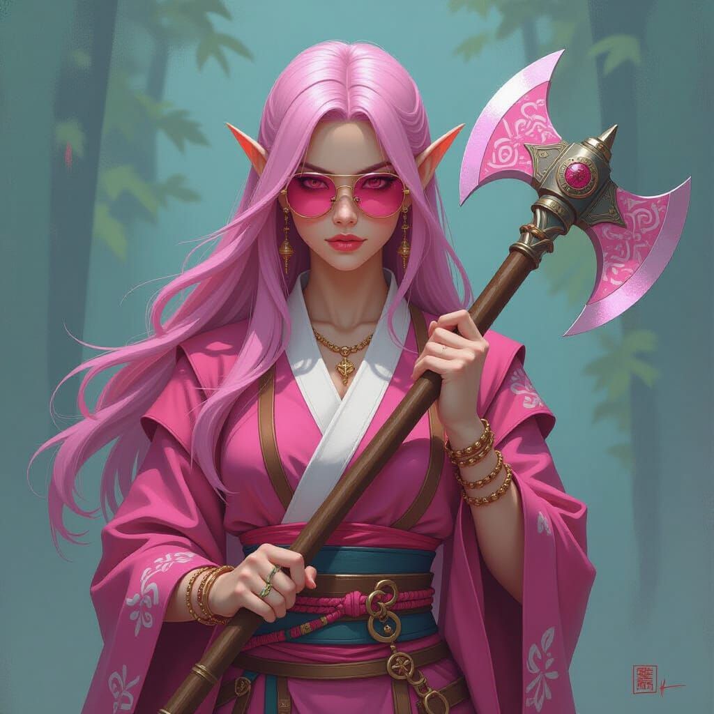 Night Elf Monk with Glass Axe, Expressionist Oil Painting