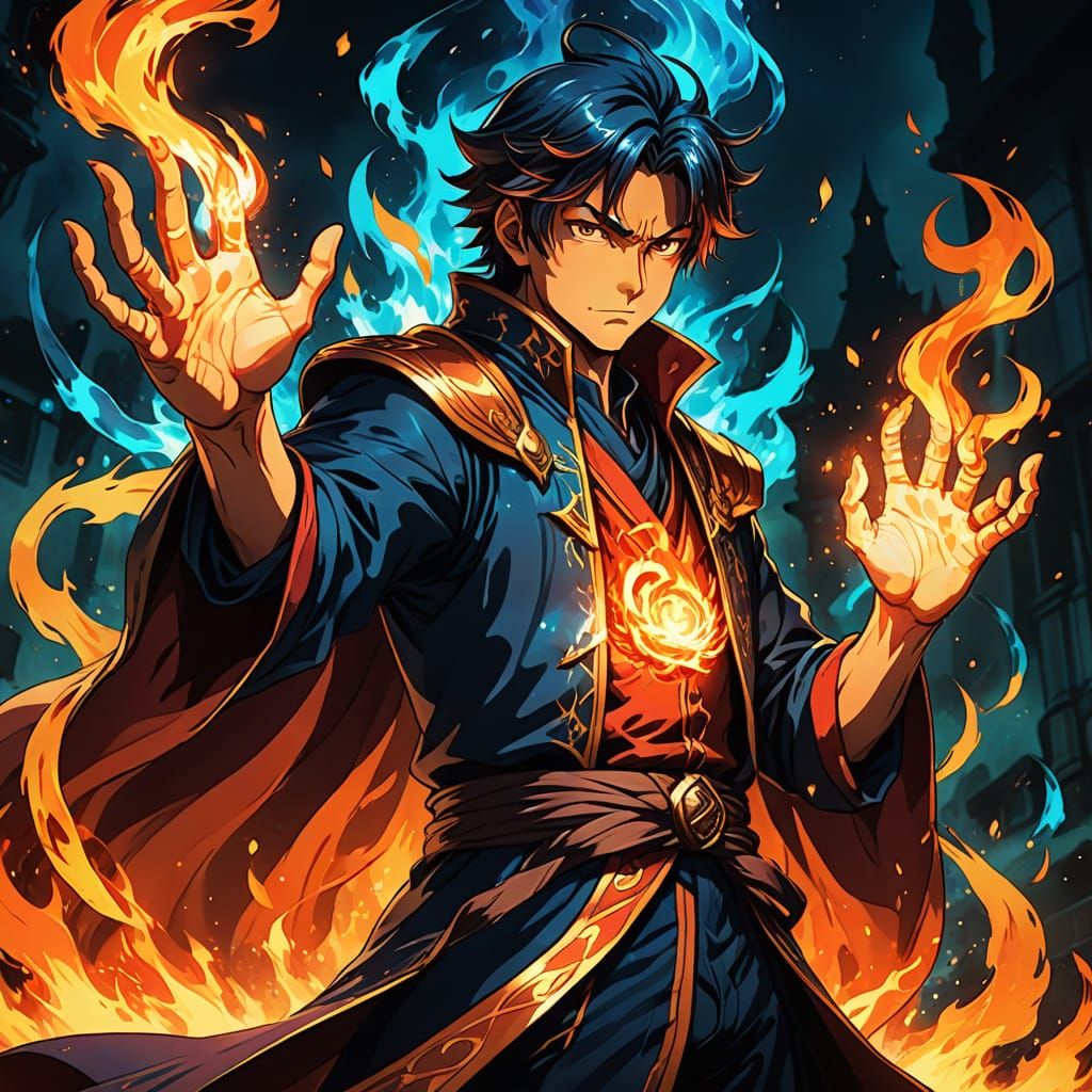 Anime Fire Wizard Casting Spell in Manga Style