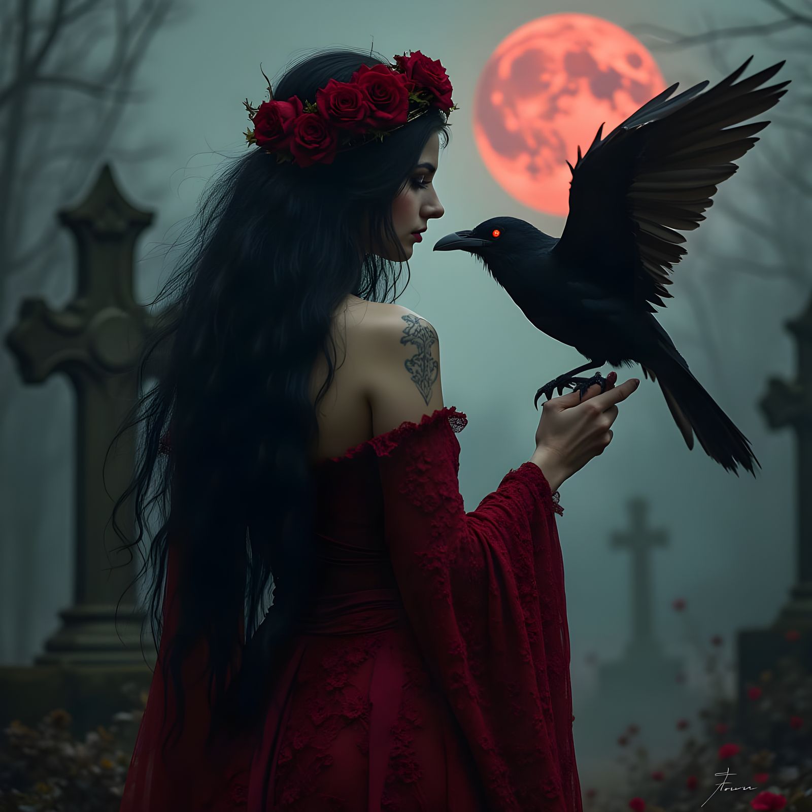 Gothic Enchantress Summons Raven in Graveyard