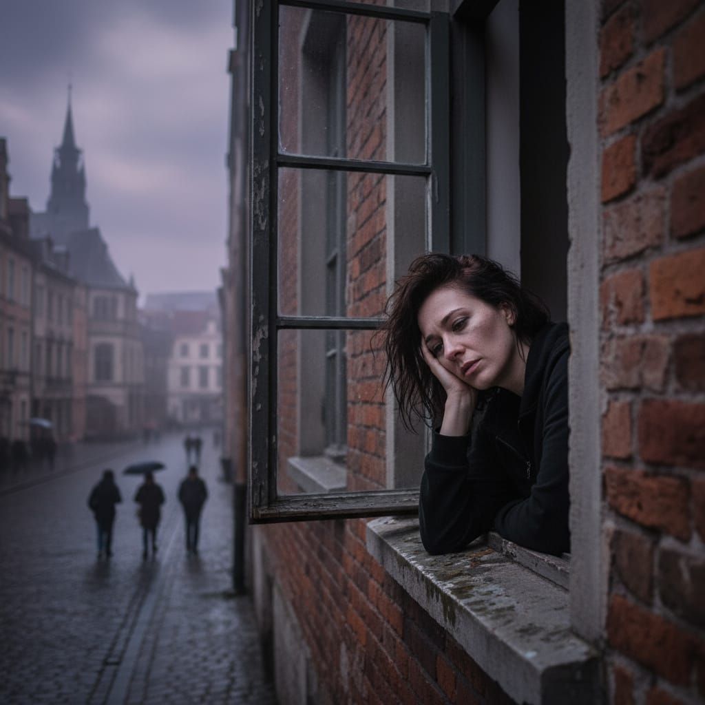 Exhausted Woman Leans From City Window