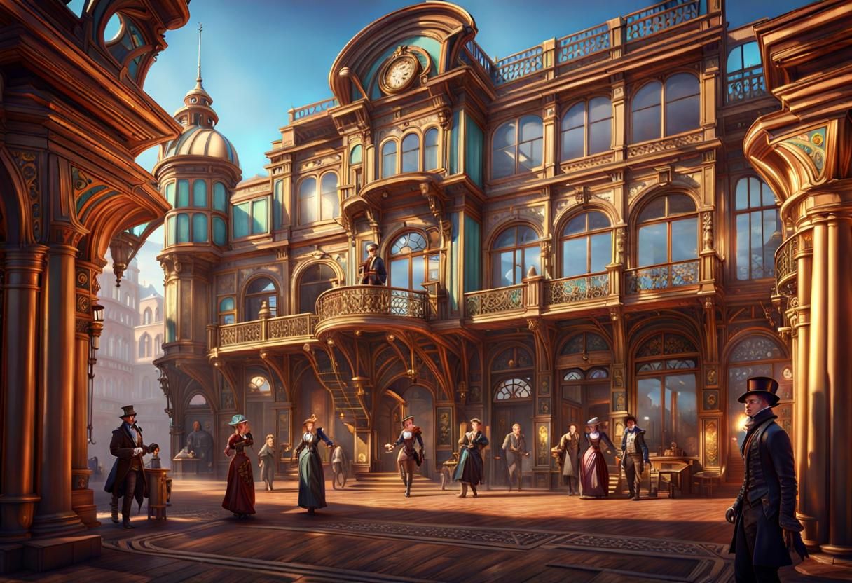 Steampunk Art Nouveau Architecture in Dynamic Lighting