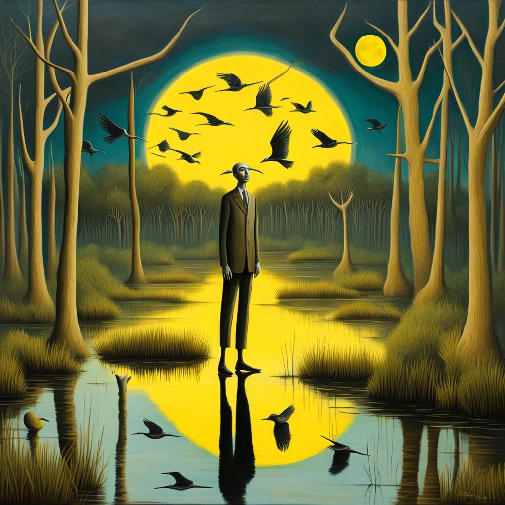 Surreal Swamp Scene with Birds, Arthur Bord Style