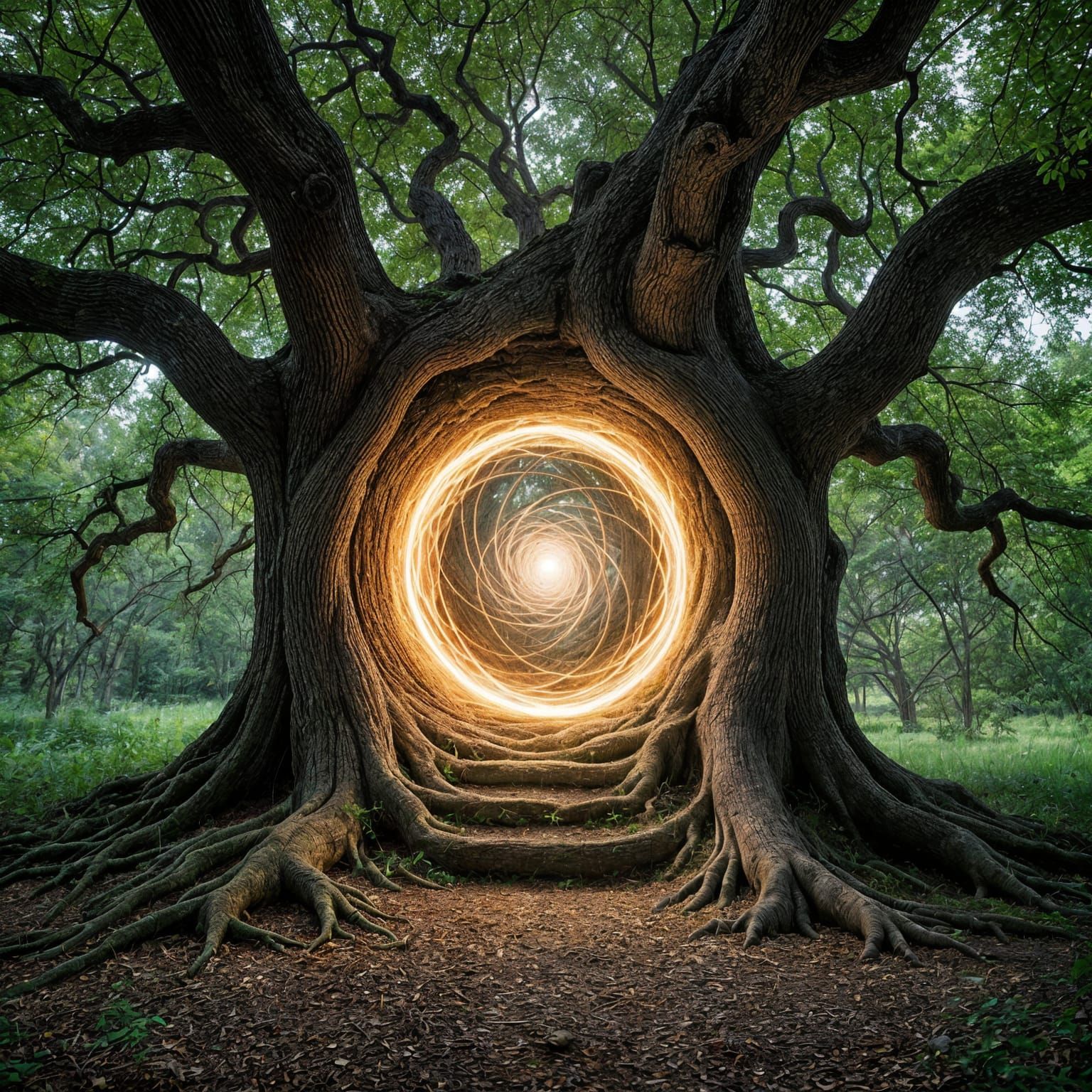 Oak Tree Time Travel Portal with Light Vortex