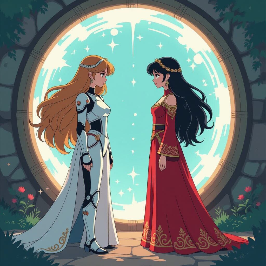 Anime Women Meet Through Shimmering Portal