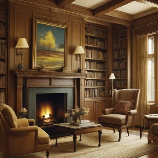 House Library Oil Painting in Impressionist Style