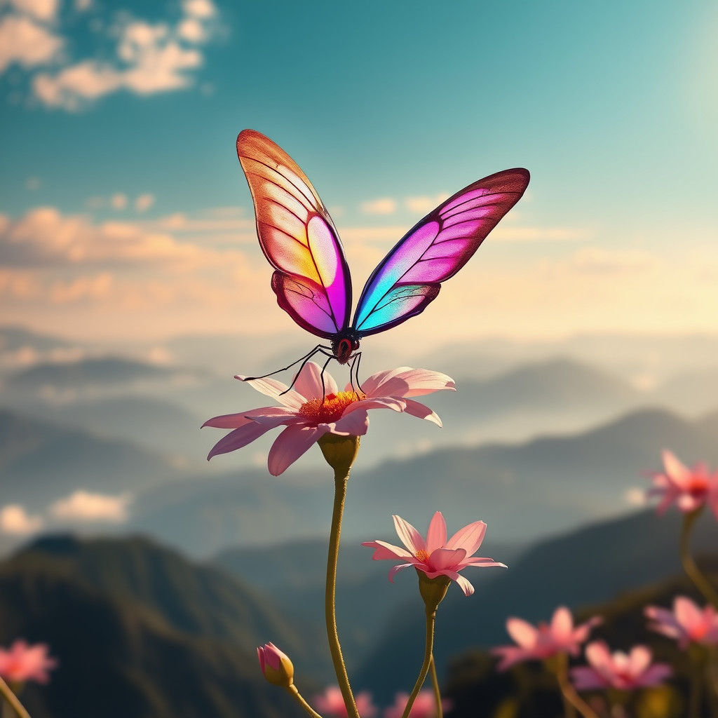 Butterfly on Flower, Dreamlike Digital Illustration
