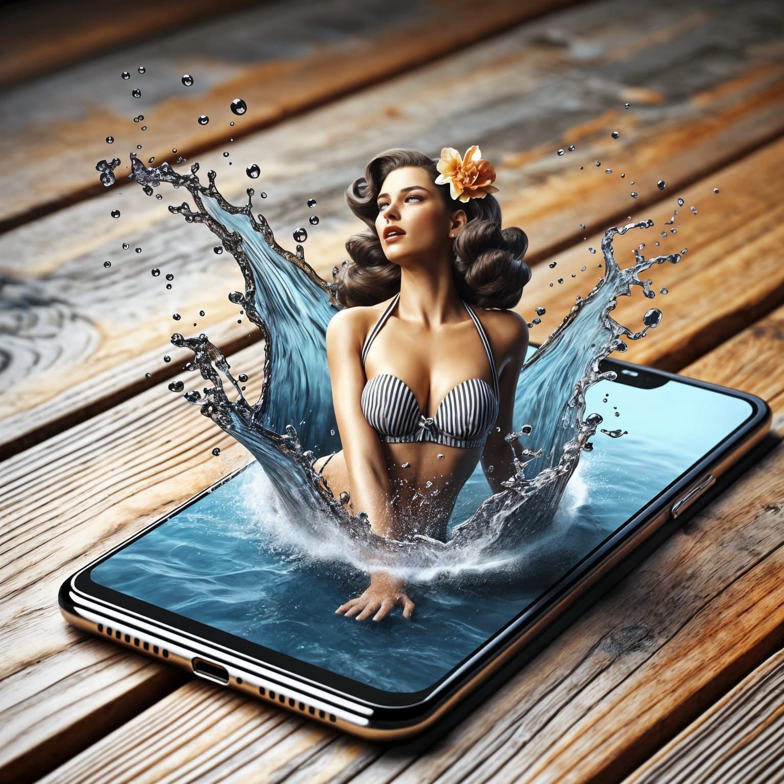 Modern Goddess Emerges from Smartphone in a Splash of Water