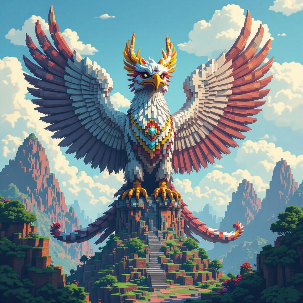 Majestic Garuda Statue in Minecraft Pixelated Style