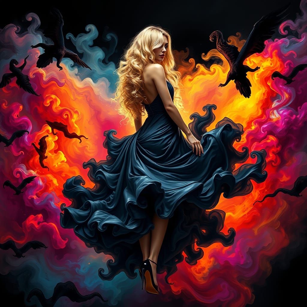 Ethereal Goddess of Smoke and Flame in Cyberpunk Style