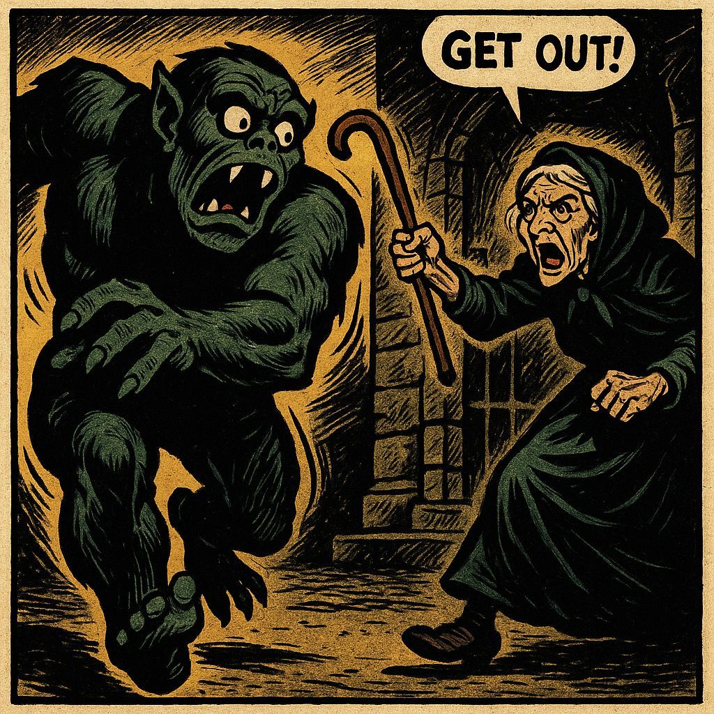 Monster Fleeing Granny: 1970s Horror Comic Style