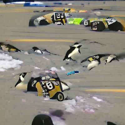 Penguin NASCAR Crash: Cartoon-Style Digital Art