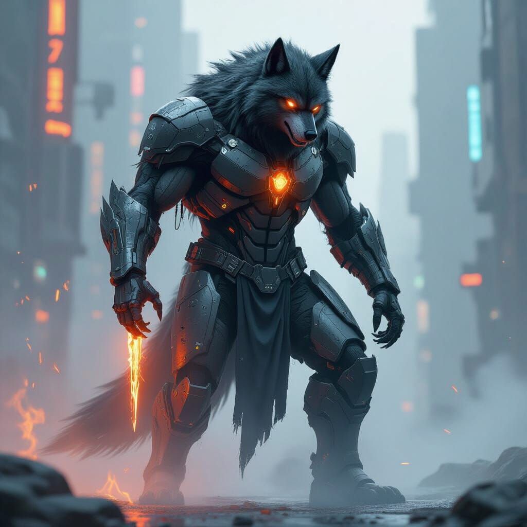 Cyber Werewolf: Neon Circuitry and Metallic Armor