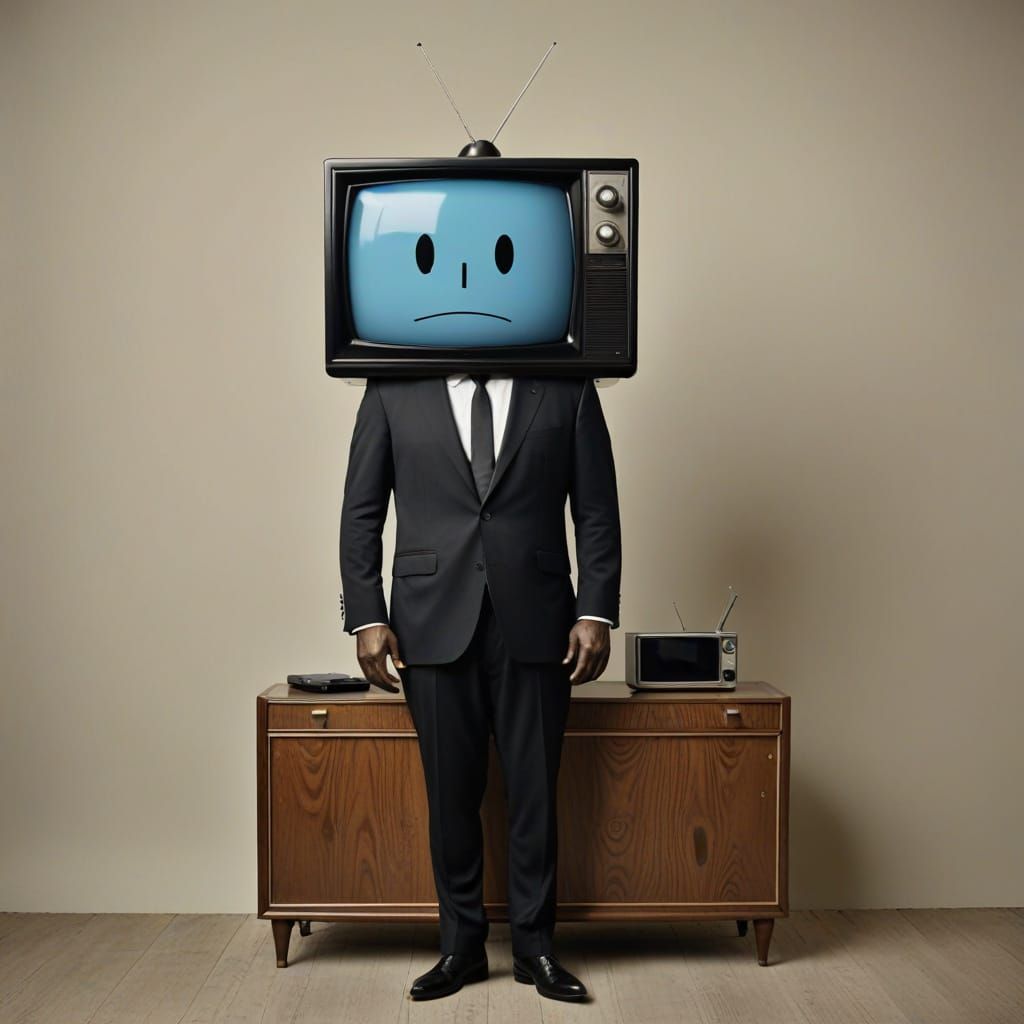 Whimsical TV Head Man in Formal Clothing