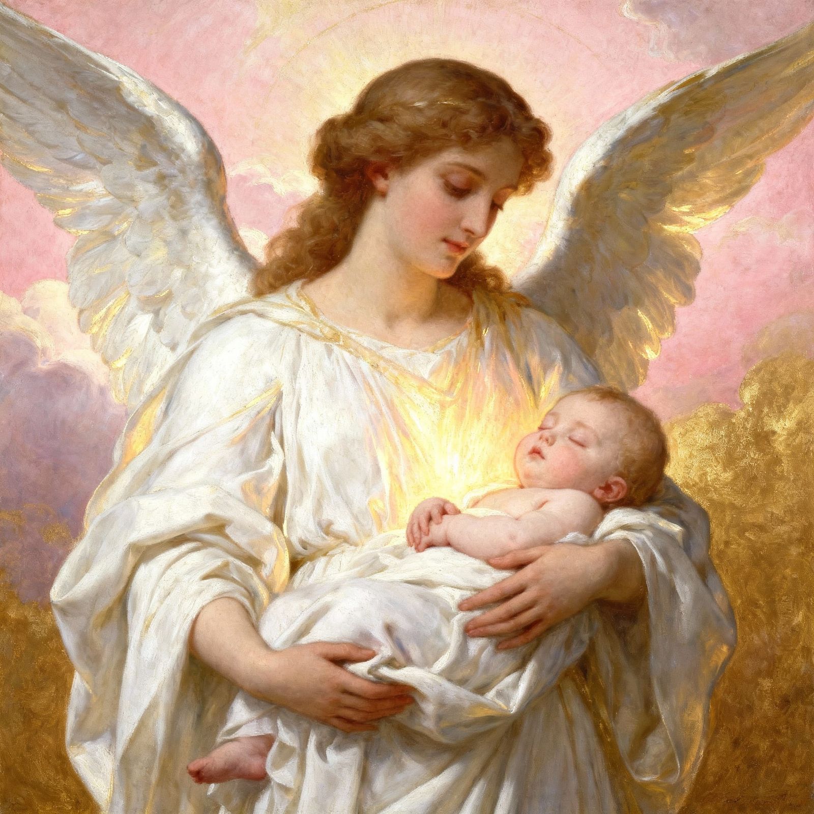 Serene Angel Cradles Sleeping Baby in Celestial Realm